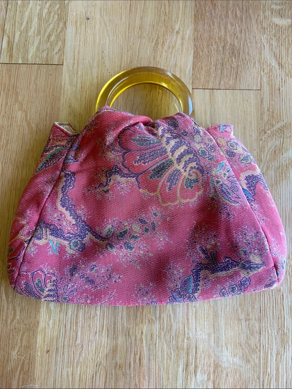 Vintage 1950s Lucite Handle Paisley Tapestry Handbag Coral Pink Retro Purse